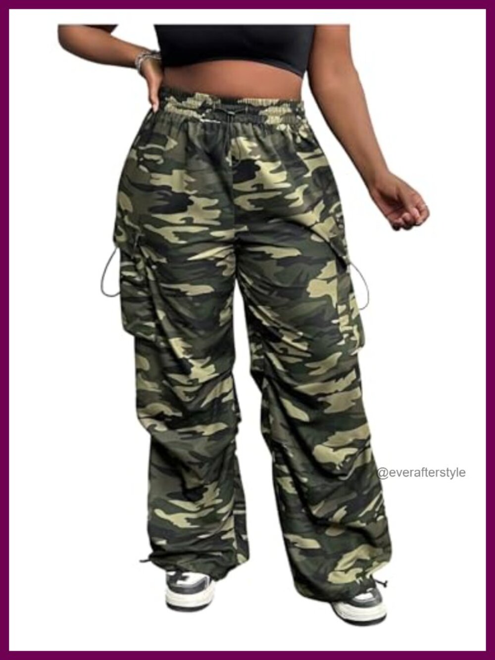 Plus Size Camo Cargo Pants Elastic Waist Wide Leg Trousers